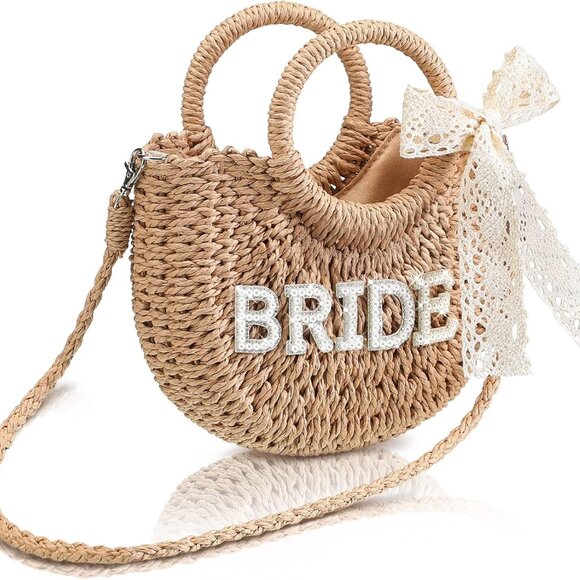Bride Straw Purse Mini Size Rhinestone Letter Wedding Bridal Gift - Picture 1 of 6